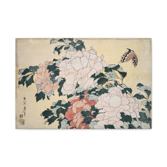 Peonies and Butterfly - Katsushika Hokusai - Stretched Canvas Print