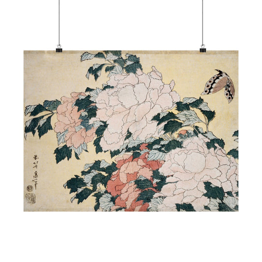 Peonies and Butterfly - Katsushika Hokusai - Wall Poster Print