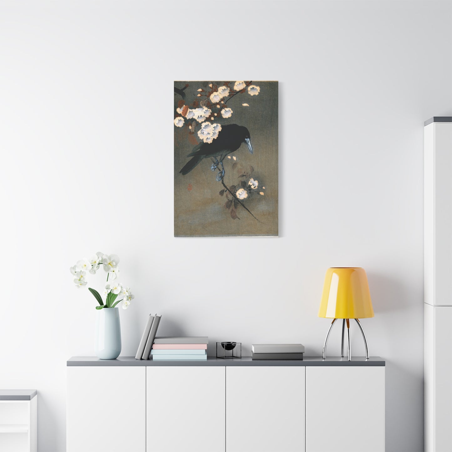 Crow and Blossom - Ohara Koson - Stretched Canvas Print