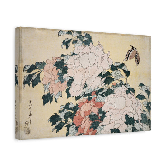 Peonies and Butterfly - Katsushika Hokusai - Stretched Canvas Print