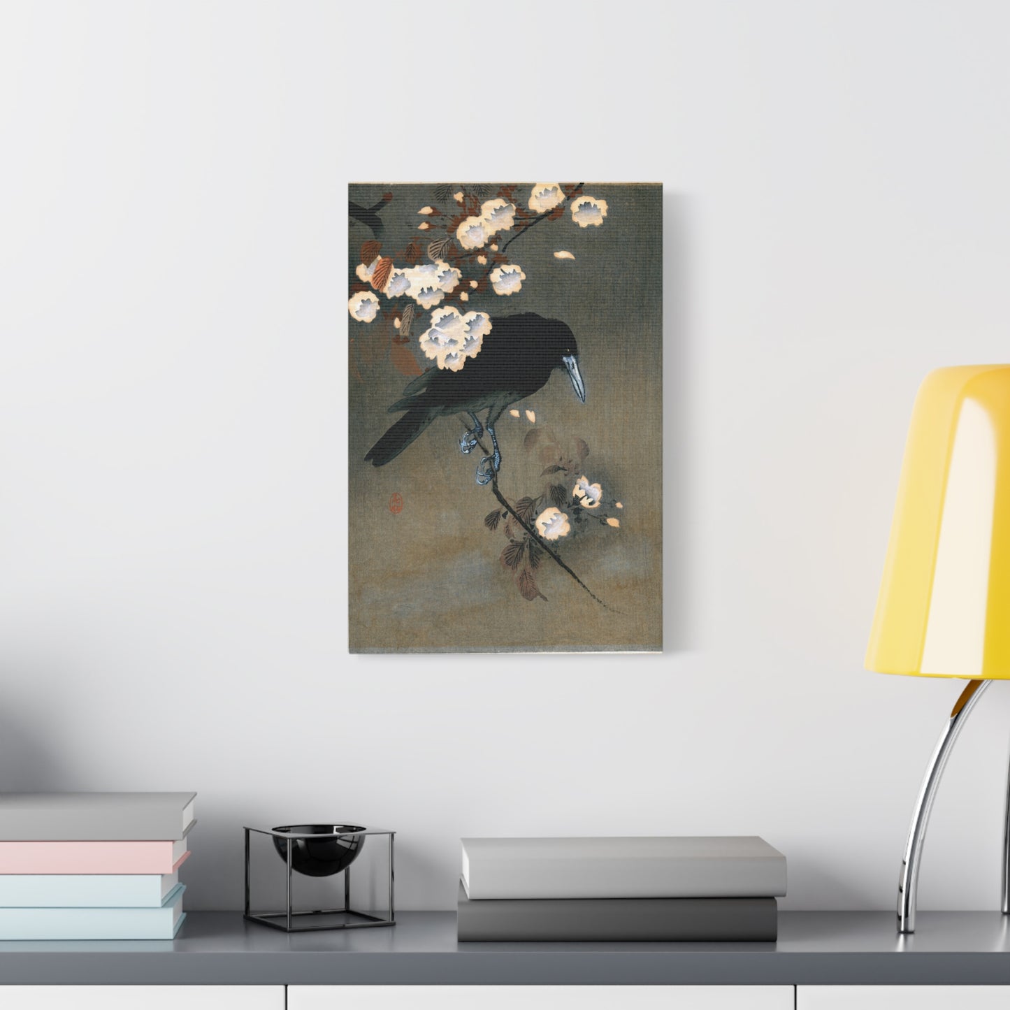 Crow and Blossom - Ohara Koson - Stretched Canvas Print