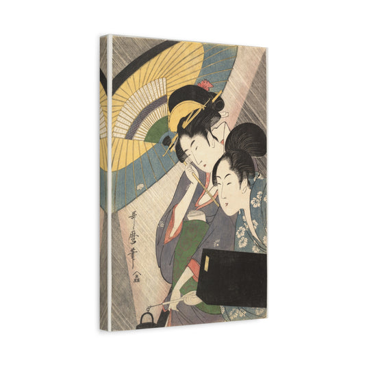 Geisha and Attendant on a Rainy Night - Kitagawa Utamaro - Stretched Canvas Print